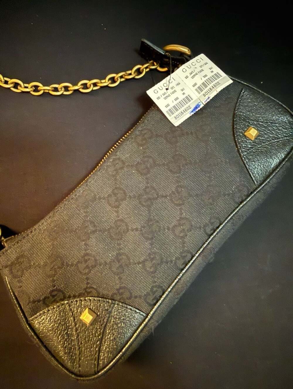 Gucci Black GG Canvas Nailhead Chain Pochette Bag